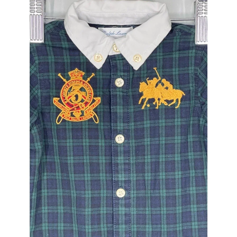 Ralph Lauren Plaid Embroidered Crest Jockey Club Polo Button Up One Piece 3M